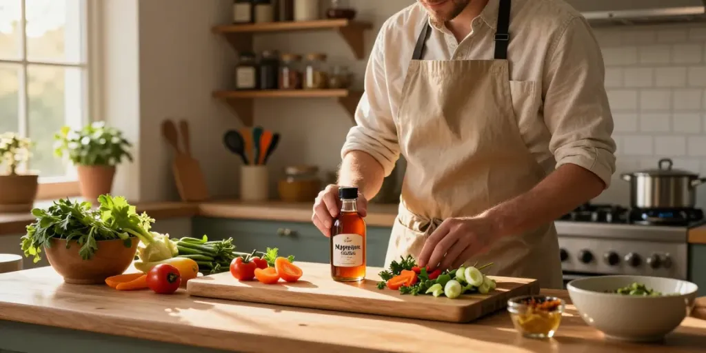 Creating gourmet dishes with Maplelixir in a sunlit kitchen.