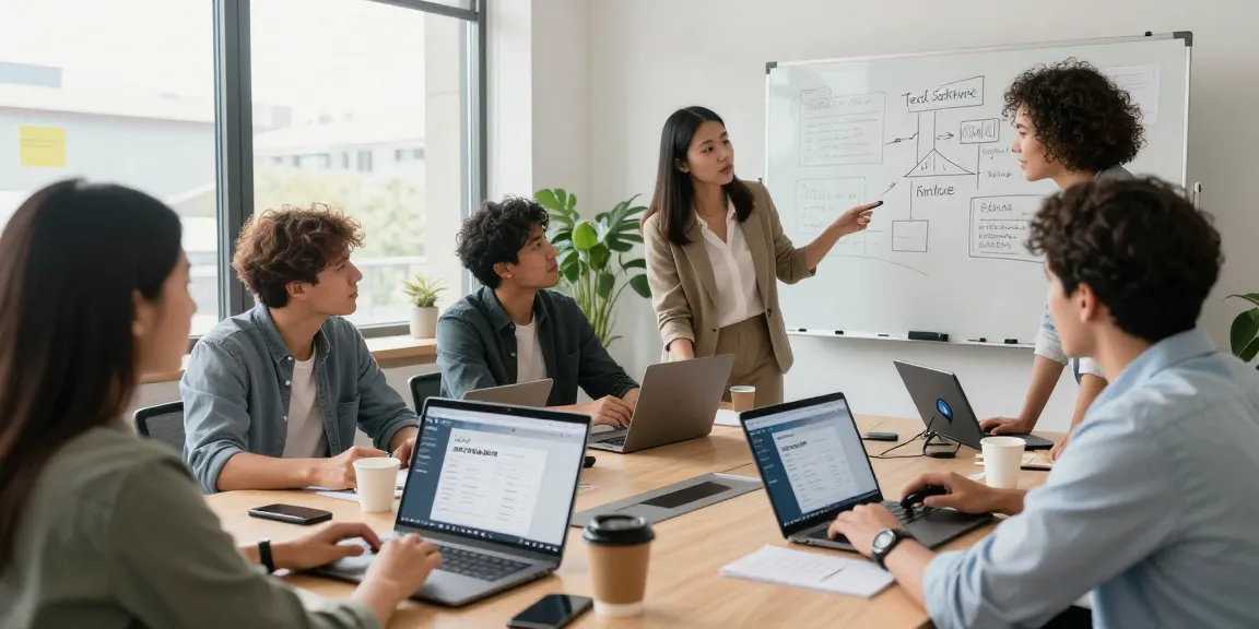 Professionals collaborating using 纸飞机中文版 app in a modern office setting.