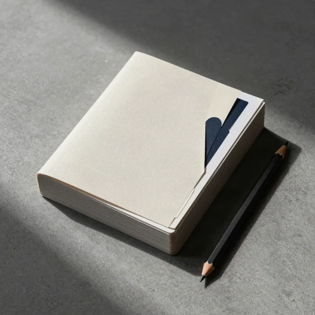 Overhead flatlay of a charcoal prompt deck, canvas folds, paper tabs, and a graphite pencil.