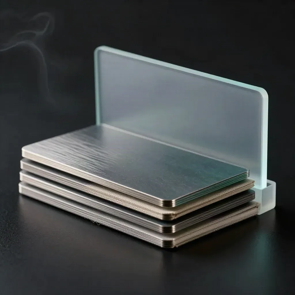 Translucent tone-sample cards on matte black, tilted mid-shift with teal rim light and haze.