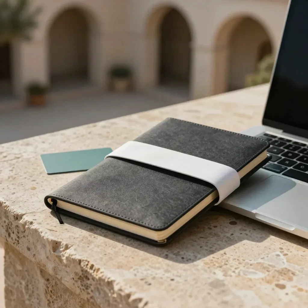 Annual bundle sleeve, notebook and laptop edge on a travertine terrace in warm afternoon light.