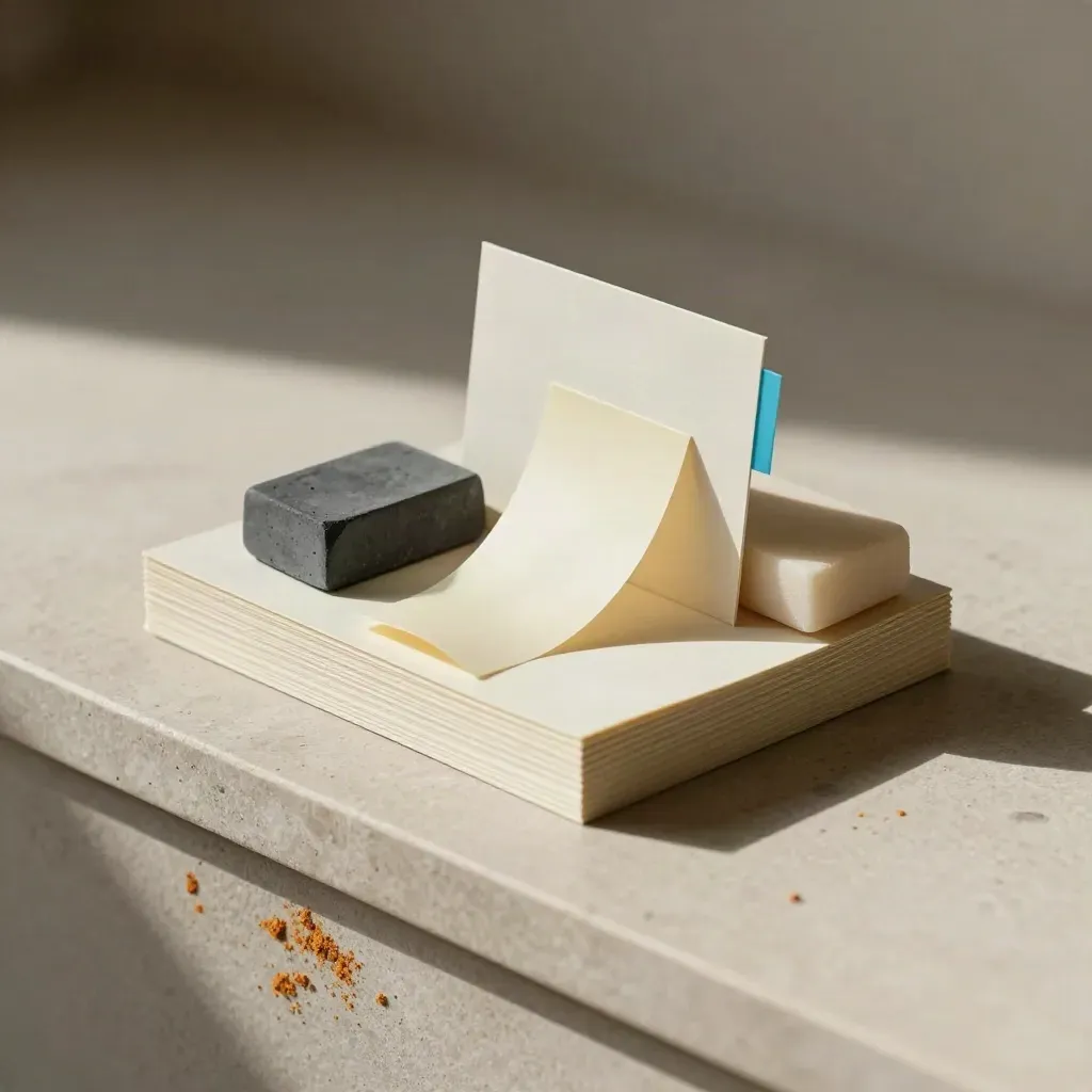 Correction kit with graphite block, eraser, paper strips, and a plaster backdrop, lit dramatically