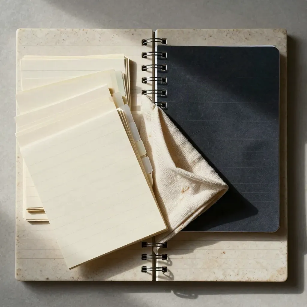 Overhead study-note flatlay on travertine with fanned cards, notebook edge, tabs and linen cloth.