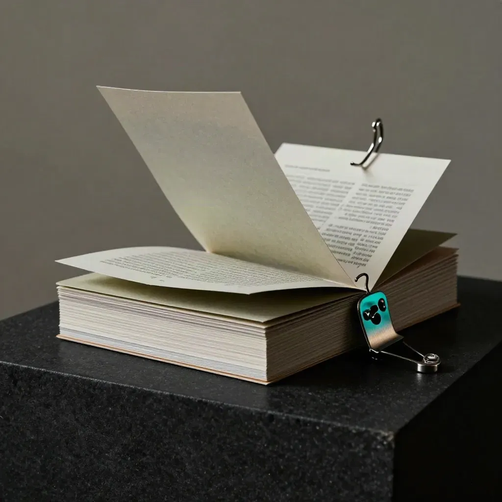 Low-angle studio shot of a paper ad-starter kit with cards, slips, and a metal clip in dramatic light.