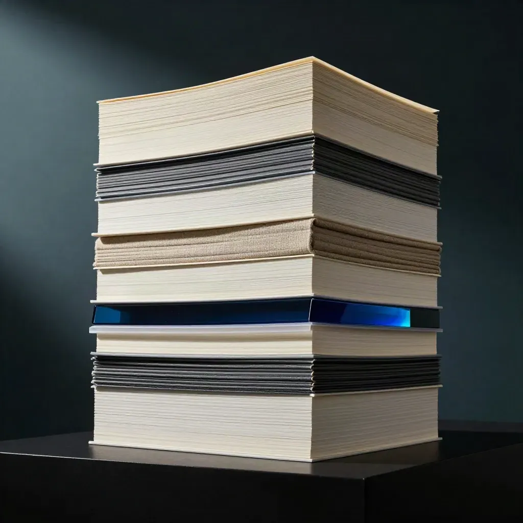 Layered writing bundles and a cobalt glass accent on a matte-black plinth in dramatic studio light.