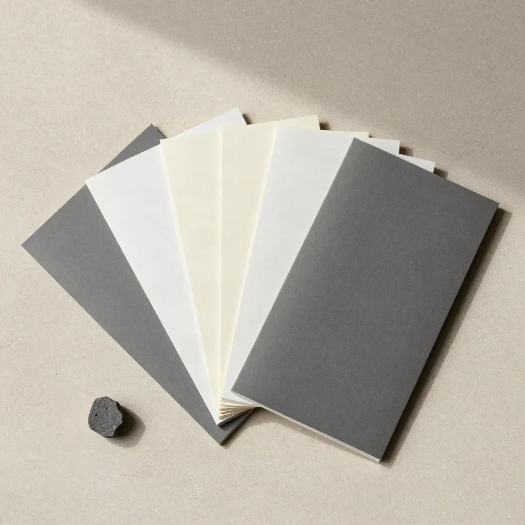 Overhead flat lay of subject-line sleeves, cream card and graphite chip on pale stone.