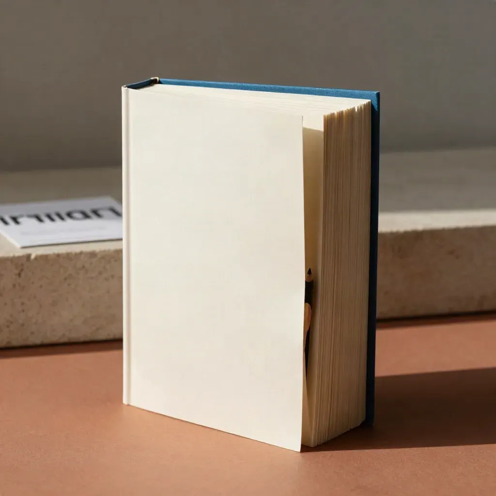 Upright essay guide bundle with cream paper blocks, folded cover sheet and blue accent on terracotta plinth