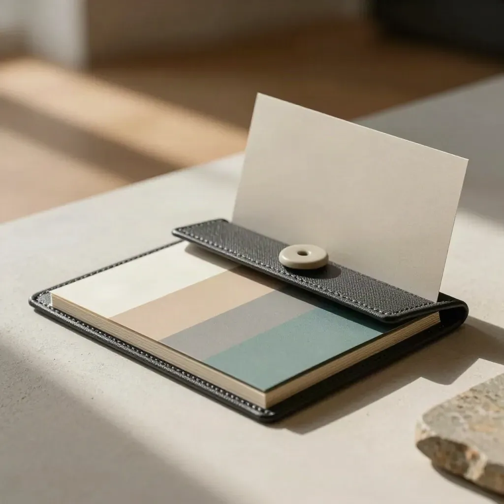 Charcoal folder with paper swatches and ceramic weight in a luxury lifestyle setting.