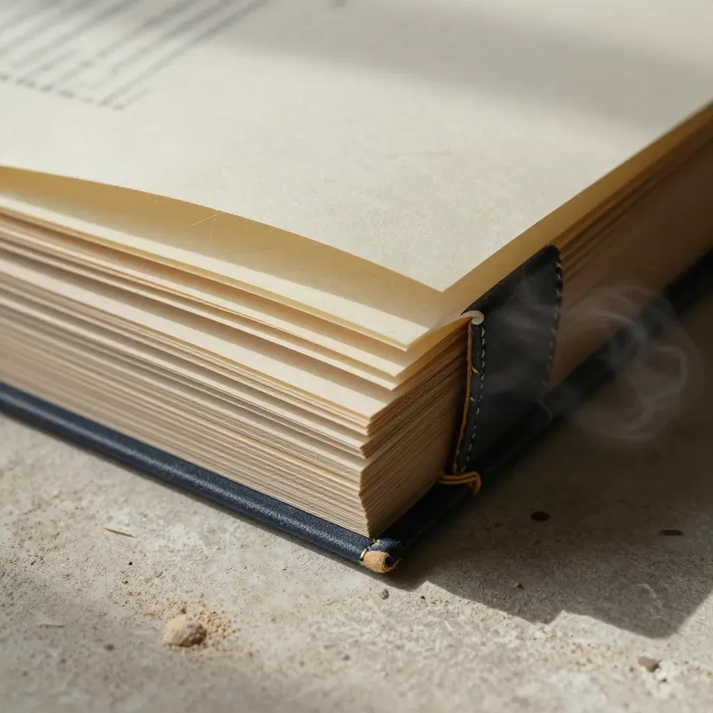 Macro paper bundle folding into a bound document spine on warm plaster, with soft steam.