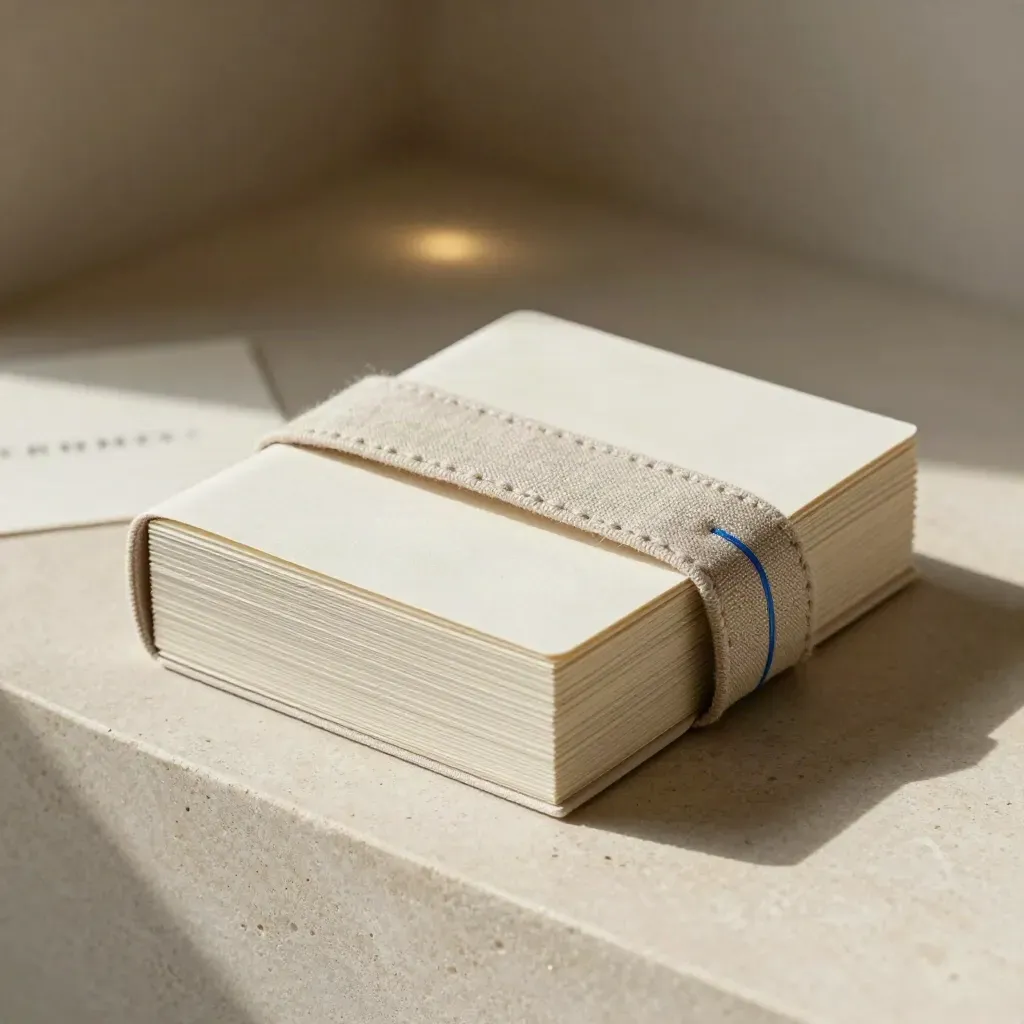 Cream weekly prompt pack with loosened linen band and stacked cards on a pale stone plinth.