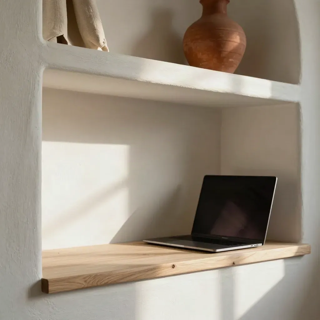 Sunlit plaster alcove with oak ledge, linen curtain, terracotta vessel, and a small laptop in soft focus.