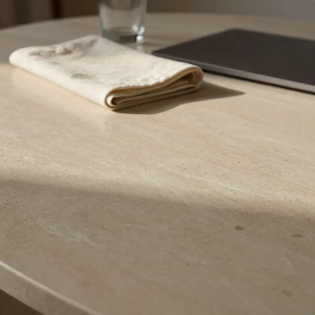 Warm marble table with folded cream cloth and a soft laptop edge in late afternoon light.