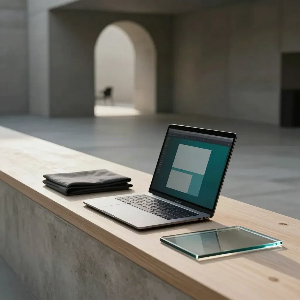 Sunlit concrete corridor with a blurred laptop and calm copy space