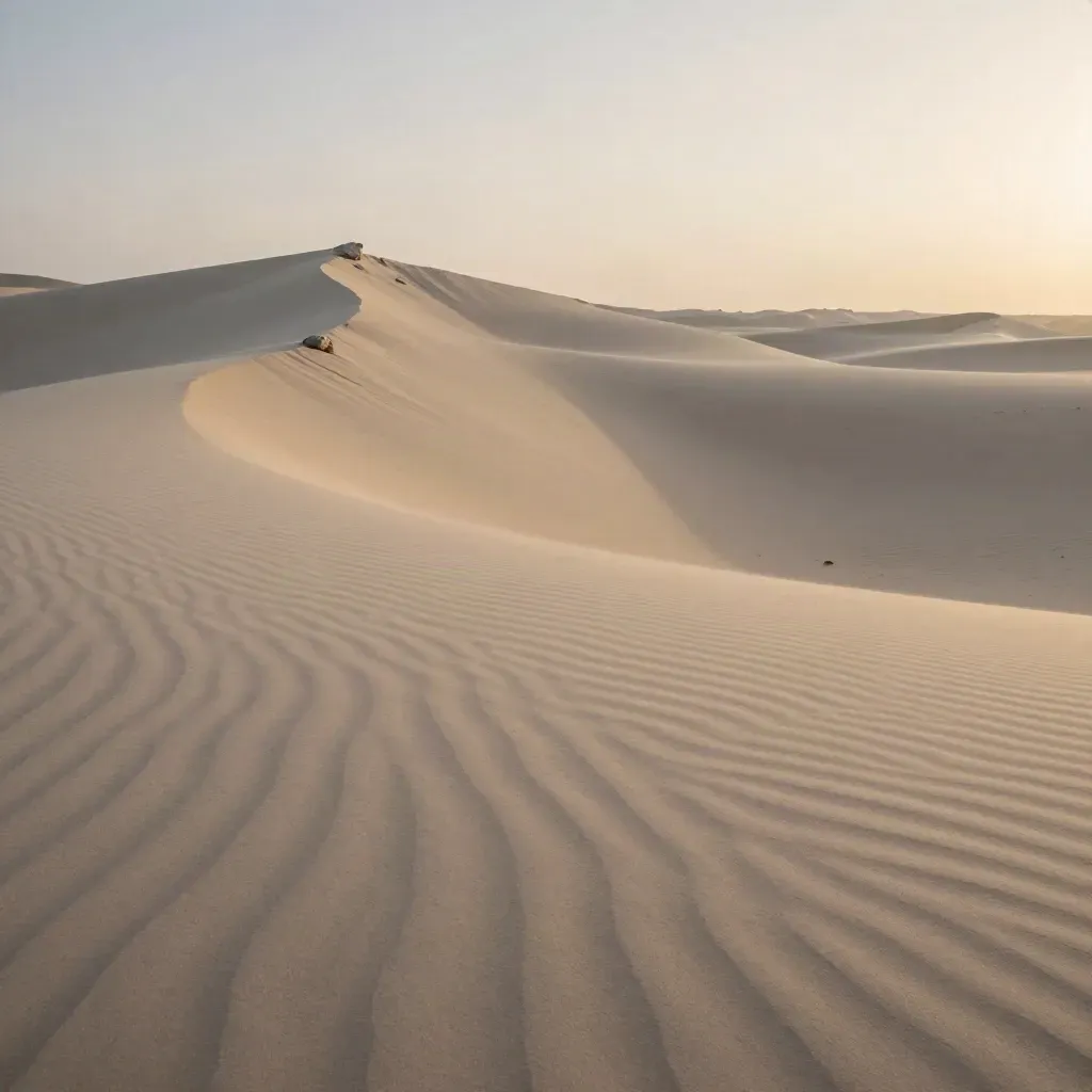 Wind-smoothed sand dunes at sunset with a pale stone outcrop and calm open horizon