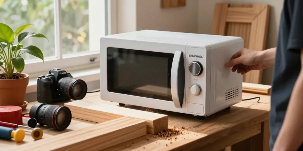 SHASHEL® microwave device eliminating woodworms in a well-lit home workshop.