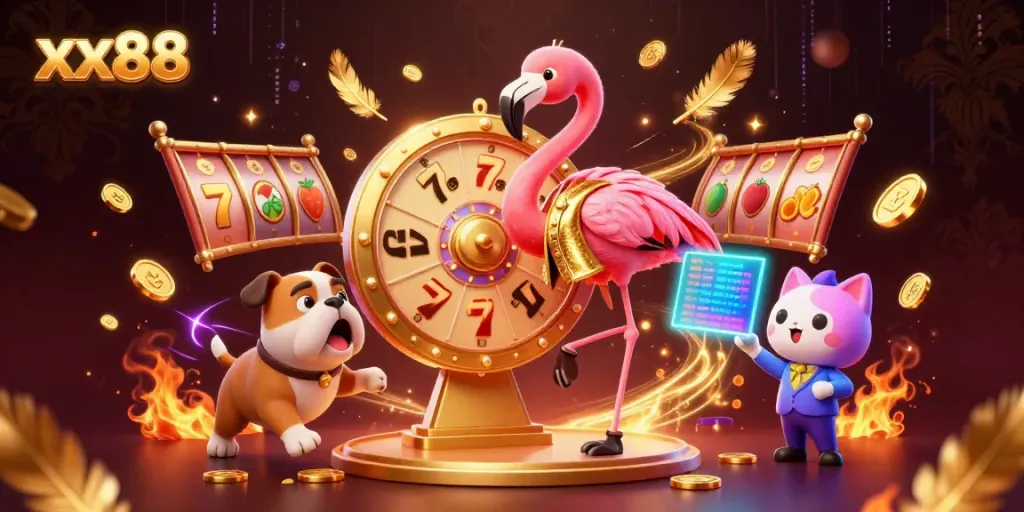 Spin the giant prize wheel at xx88 with exciting casino characters and dynamic gaming elements.