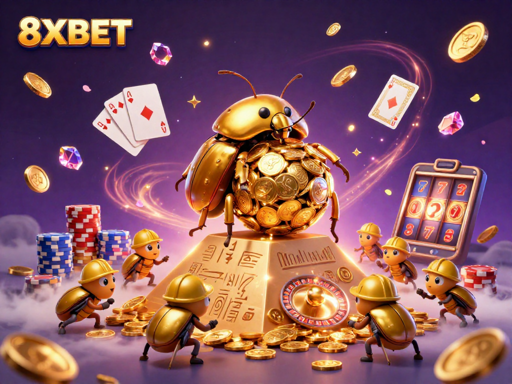 Experience thrilling gaming adventures with 8XBET, as golden beetles roll coins towards big wins!