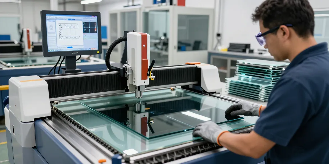 CNC glass cutting machine in use, showcasing advanced technology and precision in glass processing.