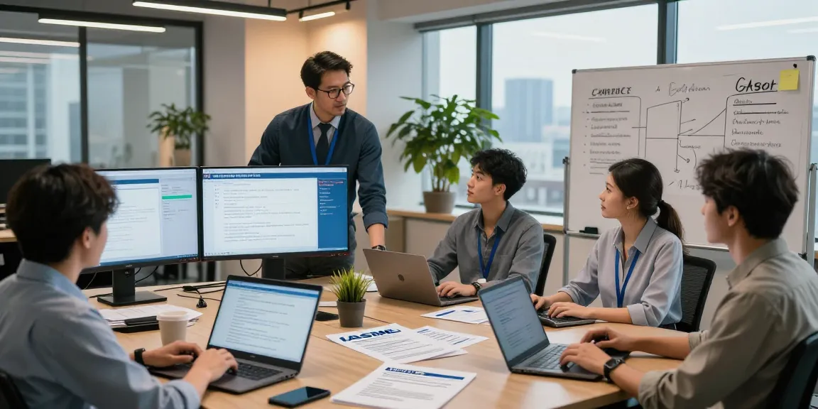 Cyber Essentials Plus compliance analysis in a modern office, showcasing teamwork and strategic auditing.