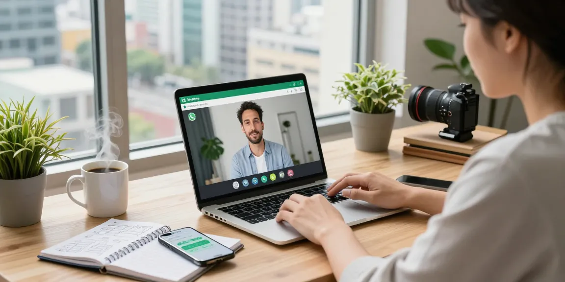 Professional using WhatsApp網頁版 in a modern home office with a city view.