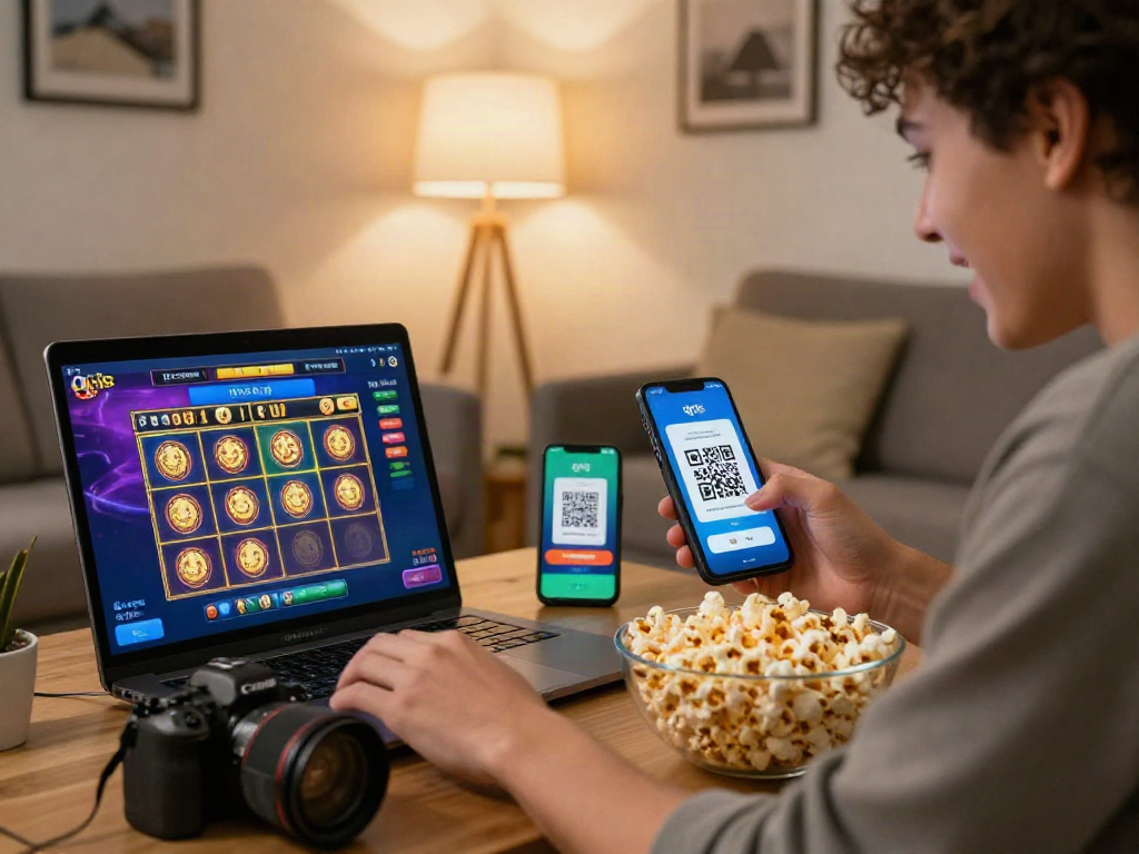 Player enjoying slot qris games at home with mobile app and QR payment.