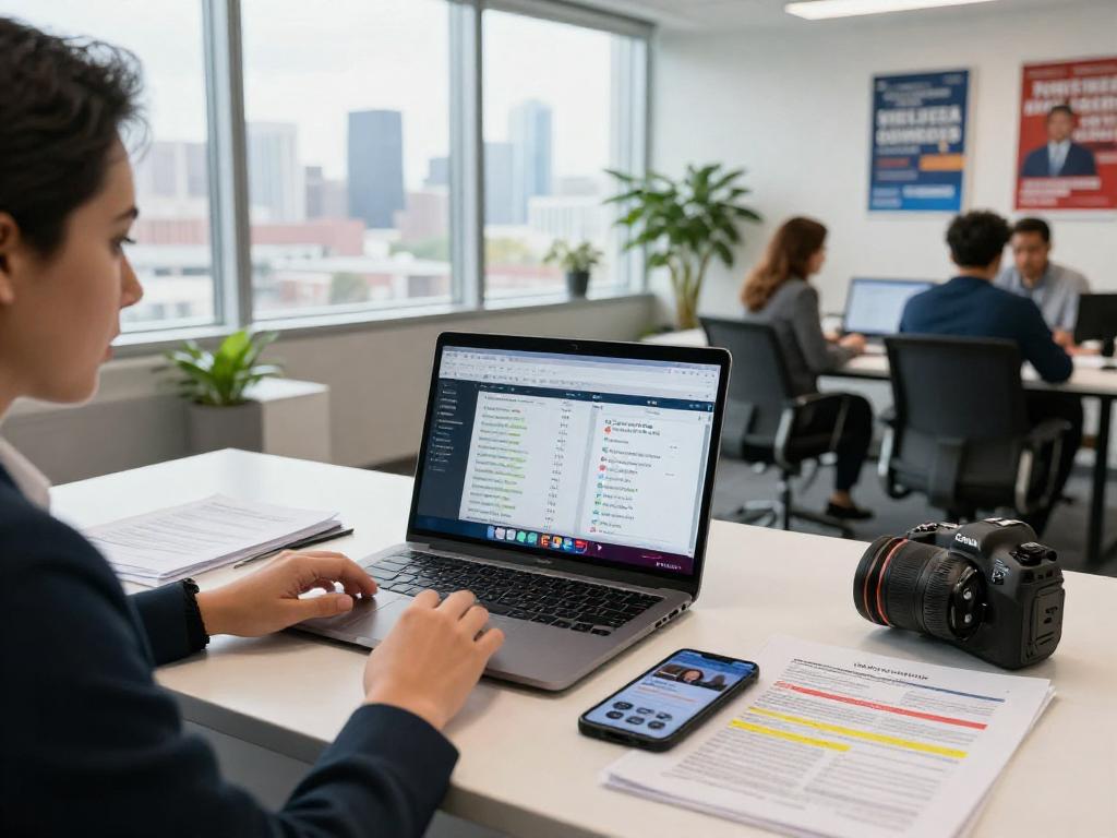 Online reputation management for candidates in a modern campaign office setting, showcasing collaboration and strategy.