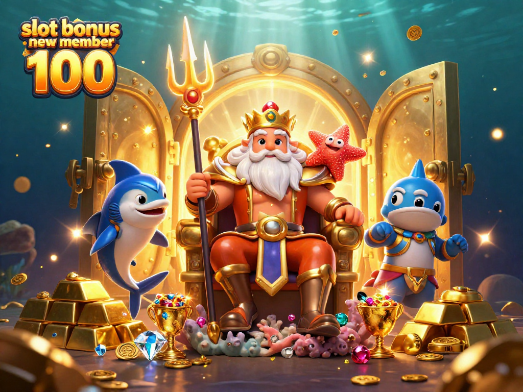 Experience the thrill of slot bonus new member 100 in this vibrant 3D casino scene with treasures and excitement.