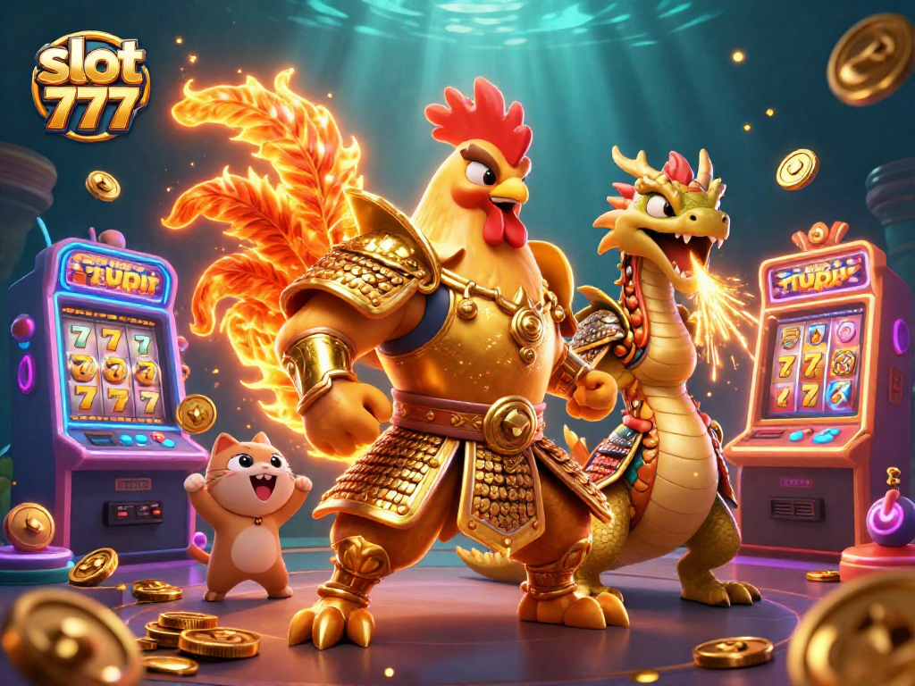 Experience the excitement of slot 777 with dynamic gaming characters in a vibrant casino scene.