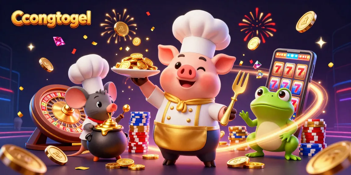 Engage with congtogel as a chef pig serves golden coins amidst a lively casino scene.