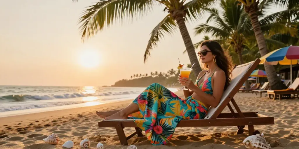 Goa escort enjoying a luxury beach sunset, relaxed atmosphere and tropical vibe.