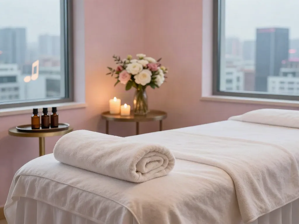 Luxurious 서초출장마사지 spa scene with massage table, essential oils, and soothing ambiance.
