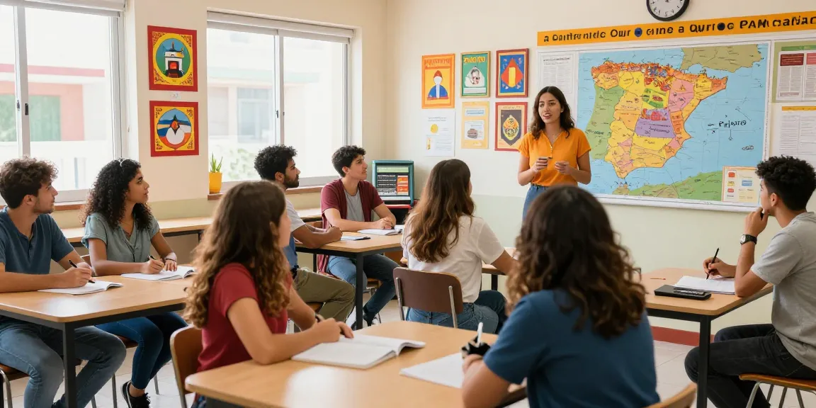 Corsi di spagnolo in Spagna in una vivace aula con studenti e istruttori.
