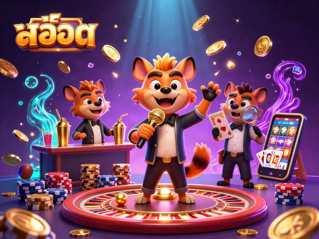 Engage in exciting สล็อต gameplay with a 3D hyena casino scene bursting with elements.