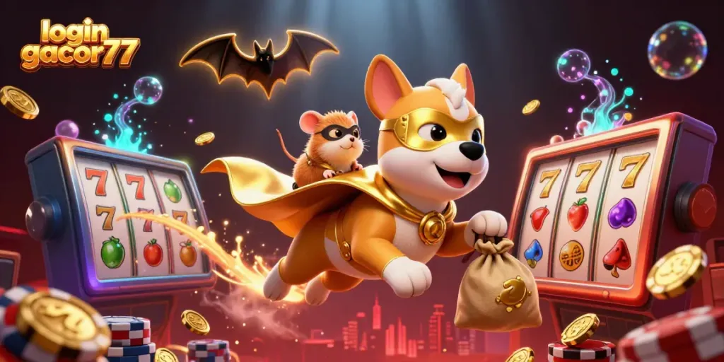 Login gacor77 untuk bermain slot dengan dog superhero dan hamster dalam ilustrasi 3D yang menarik.