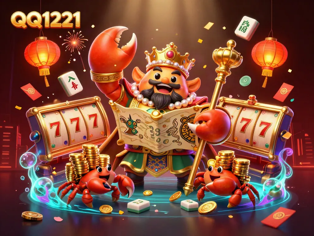 Engage with QQ1221's vibrant casino world filled with golden treasures, spinning slots, and festive decorations.
