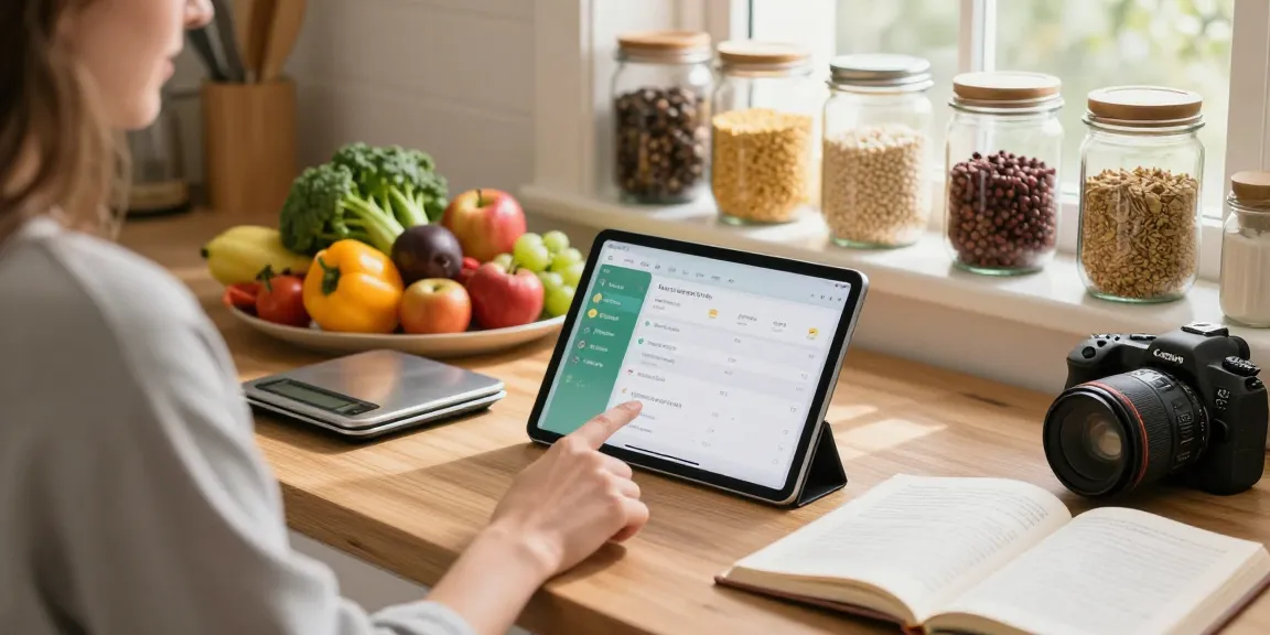 The best food tracking apps showcased in a bright kitchen with colorful ingredients