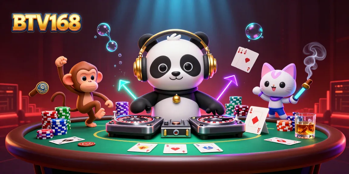 BTV168 showcases a lively casino scene with a DJ panda, breakdancing monkey, and glowing kitten.