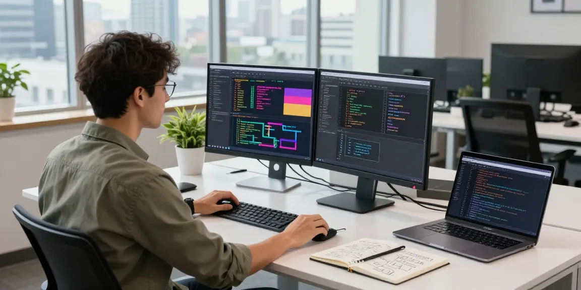 Software engineer coding on NAGA2000 analytics dashboard in modern workspace