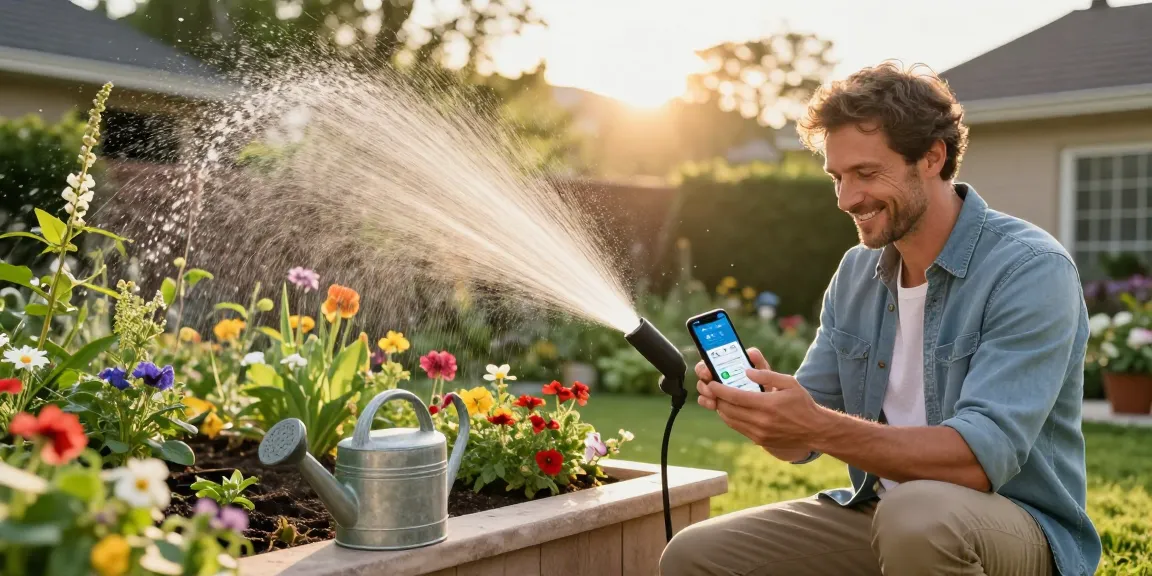Using a wifi sprinkler controller in a lush garden to automate watering and monitor moisture levels.