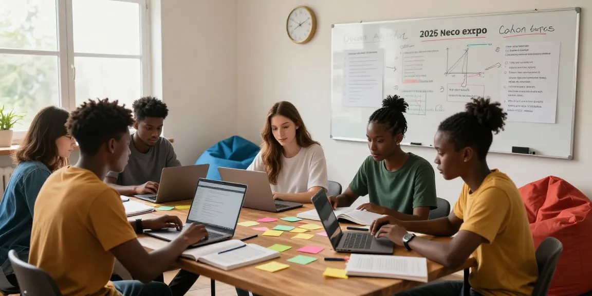 Students preparing for the 2026 neco expo in a cozy study room.
