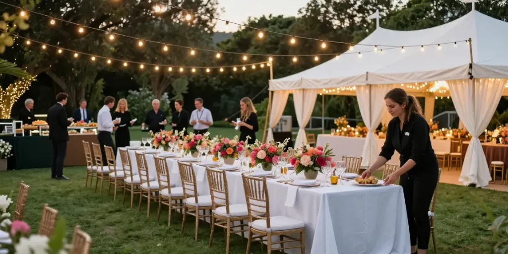 Event rentals showcasing elegant outdoor setup for a luxurious gathering.