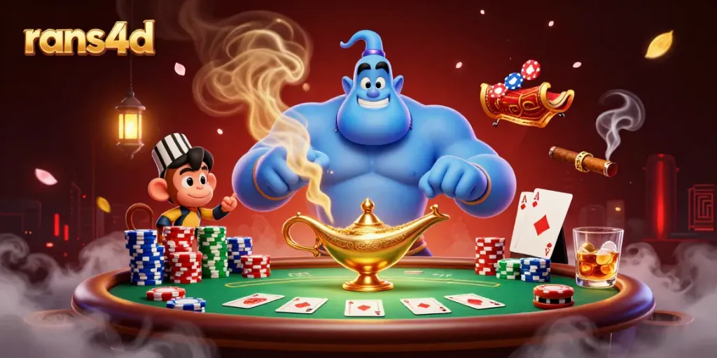 RANS4D menyajikan ilustrasi kasino dengan karakter genie, monyet, dan permadani penuh chip poker.
