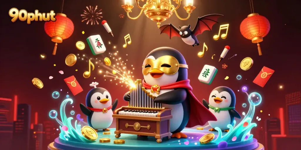 Experience a vibrant celebration of 90phut with dynamic characters and casino-themed elements, showcasing excitement in gambling.