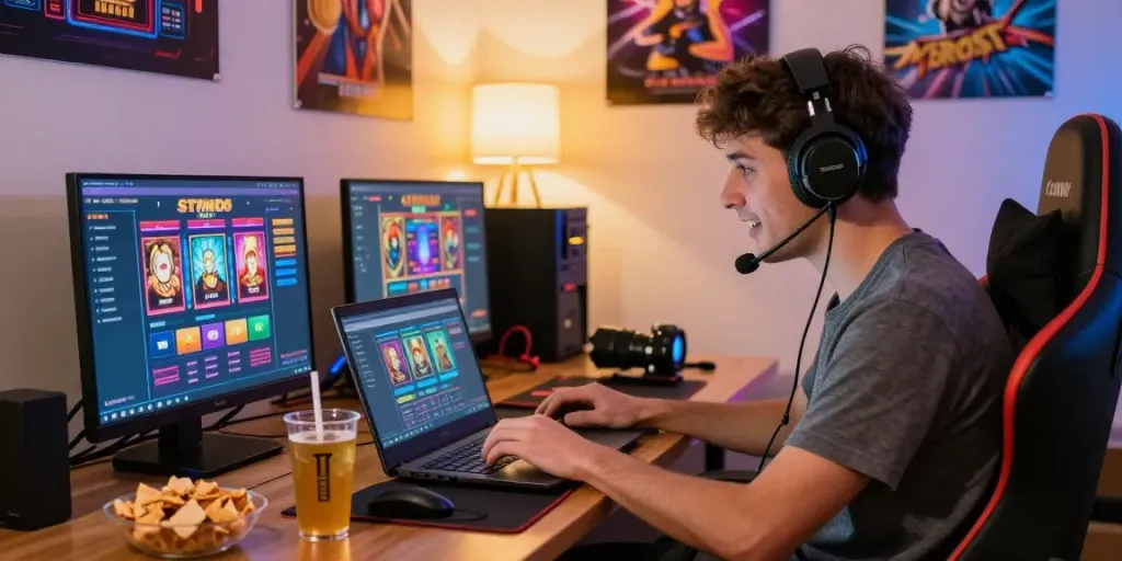 Seorang pemain berdedikasi bermain di situs slot online dengan aksesori gaming di sekitar.