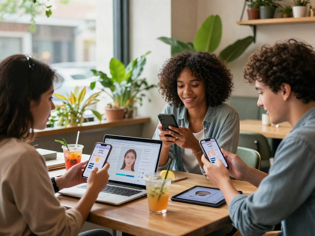 Friends discussing results from an attractiveness test on smartphones in a trendy café.