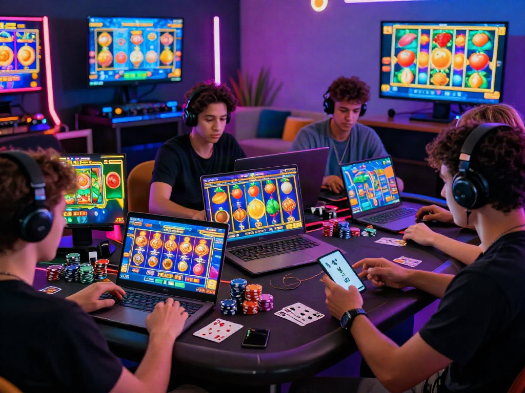Engaged players enjoying bandar slot games in a vibrant online casino setting.