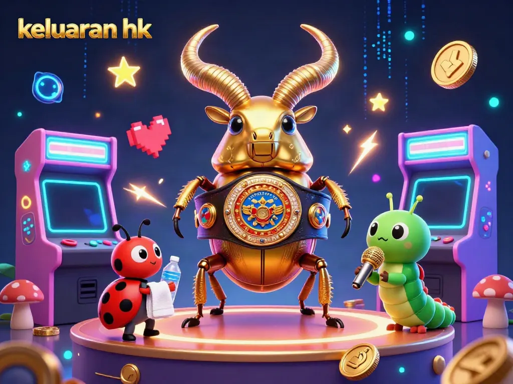 Melihat keluaran hk hari ini, karakter unik digambarkan di arena permainan dengan efek neon dan elemen perjudian.