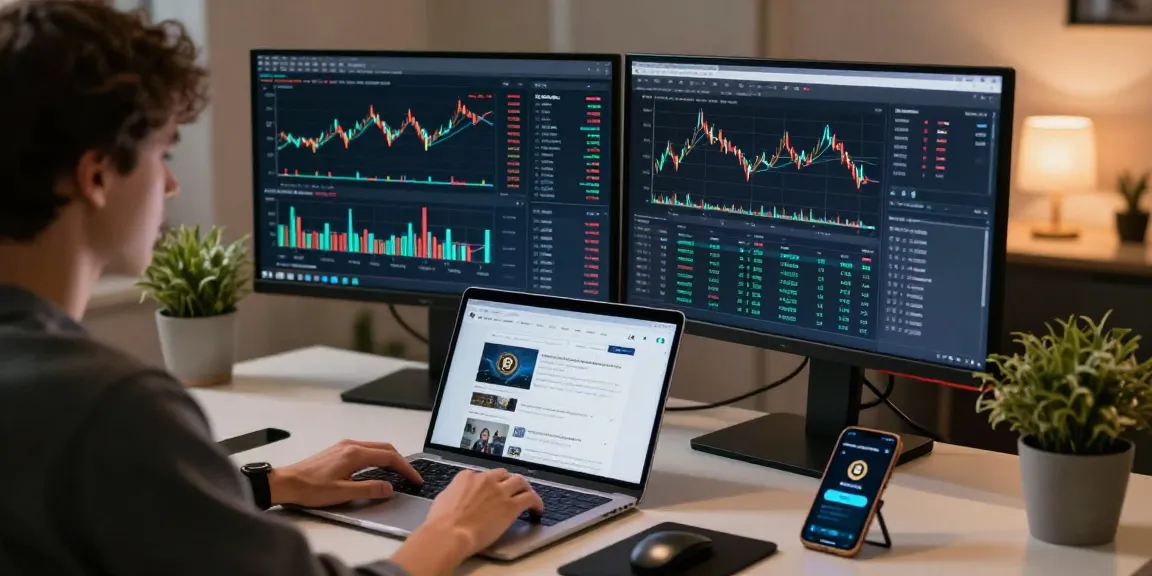 Stockton Rush net worth analysis in a modern crypto trading workspace with digital wallets and Bitcoin trading charts.