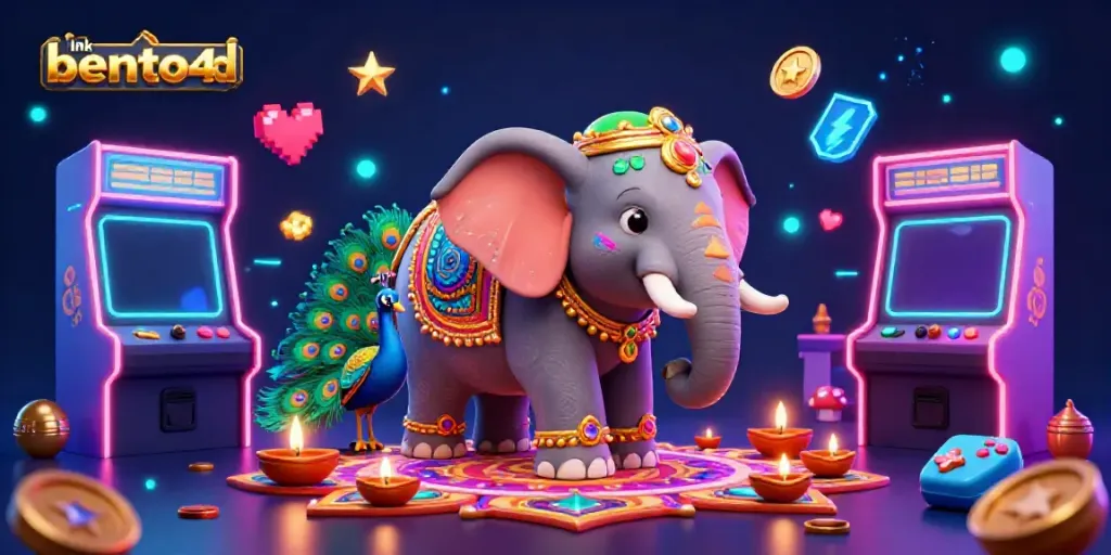 Experience the thrill of link bento4d with vibrant casino-themed visuals featuring a Diwali elephant and colorful game elements.
