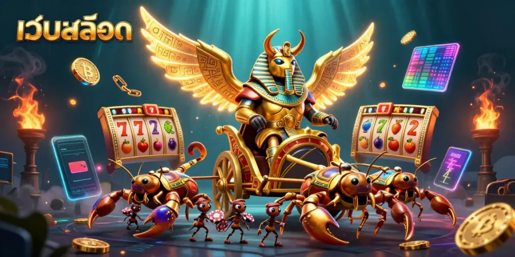 Engage with เว็บสล็อต in an exciting scene featuring a golden scarab and vibrant slot elements.